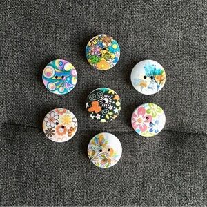 Hand Crafted 7-piece Large Wooden Button Magnet Set, Colorful, Retro, Boho, Gift